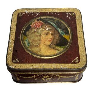 Vtg Metal Hinged Tin Box With Victorian Lady Portrait & Gold Floral Motif 4x2"